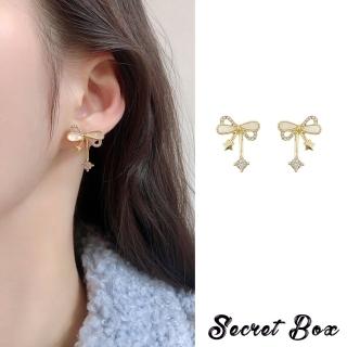 【SECRET BOX】韓國設計S925銀針甜美鑲鑽星星蝴蝶結造型耳環