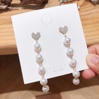 【Emi 艾迷】韓系花漾愛戀愛心珍珠垂墜925銀針耳環