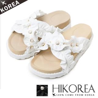 【HIKOREA】韓國空運/版型正常。雲朵女孩交叉珍珠軟Q厚底涼拖鞋(71-3138二色/現貨)
