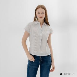 【Hang Ten】女裝-V型領條紋短袖襯衫-白