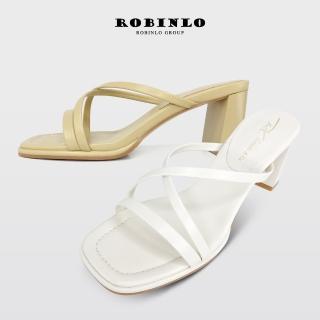 【Robinlo】法式優雅交叉細帶方頭粗跟涼拖鞋PARSONS(米白/黃色)
