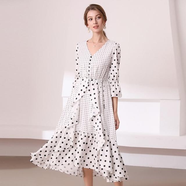 【M2M】現貨-玩美衣櫃波點荷葉優雅白色洋裝S-XL