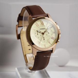【FOSSIL】棕皮革錶帶玫瑰金三眼計時手錶 男錶 母親節(FS4991)