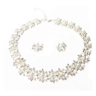 【Jpqueen】華麗派對珍珠鋯石項鍊耳環二件套組(銀色)