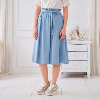【KiKi】棉麻細褶珍珠綁帶-女長裙 珍珠 藍 米(二色/版型適中)