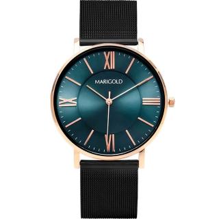 【MARIGOLD 美爾朵】Brilliant 羅馬刻度雙環時尚金屬腕錶(藍綠面玫金框-米蘭黑)