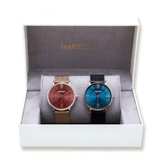 【MARIGOLD 美爾朵】Brilliant對錶禮盒-酒紅玫金框-米蘭玫金+藍綠面玫金框-米蘭黑(情侶對錶/情人節/送禮)