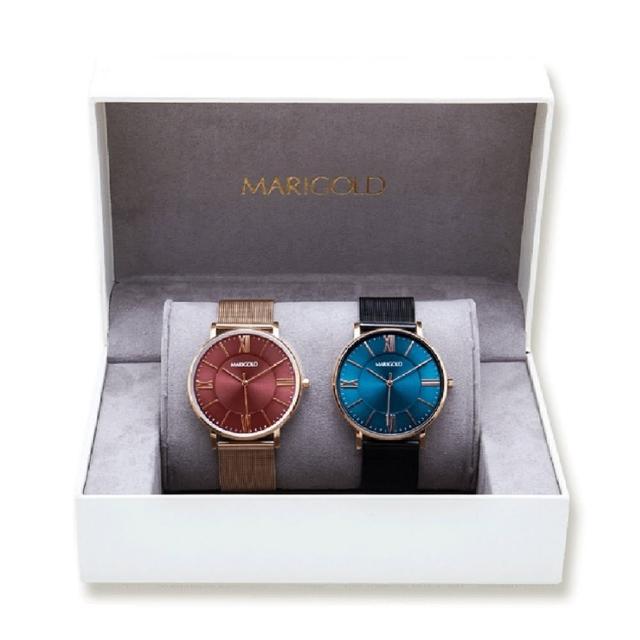 【MARIGOLD 美爾朵】Brilliant對錶禮盒-酒紅玫金框-米蘭玫金+藍綠面玫金框-米蘭黑(情侶對錶/情人節/送禮)