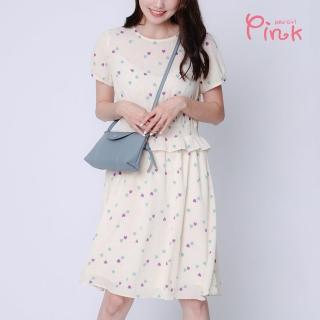 【PINK NEW GIRL】雙色小愛心立體波浪彈性滾腰短袖雪紡洋裝 I5101DD