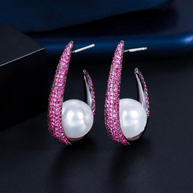 【Jpqueen】微笑的月珍珠晶鑽針耳環(2色可選)