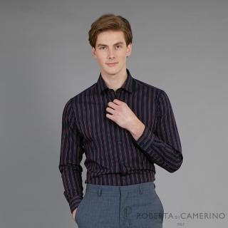 【ROBERTA 諾貝達】進口素材 台灣製 個性條紋 休閒純棉長袖襯衫(藍黑)