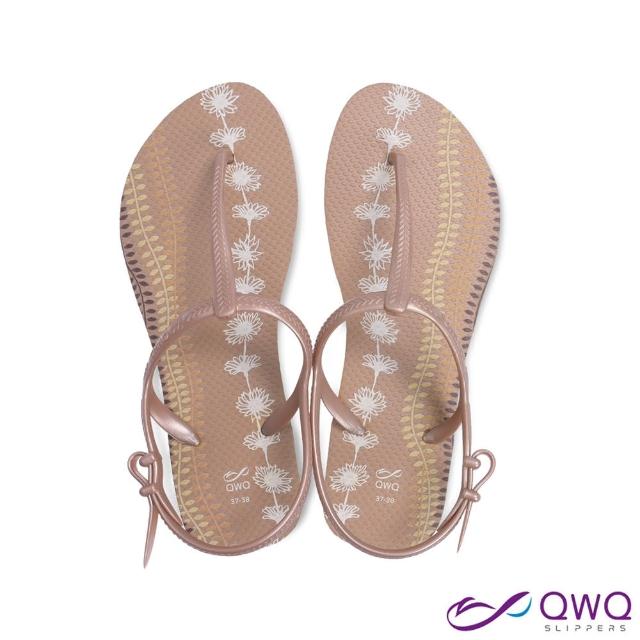 【QWQ】繪圖綁帶T字涼鞋-腳型修長款休閒涼鞋-Flora花與葉-薔薇金 MIT(GABC00409)