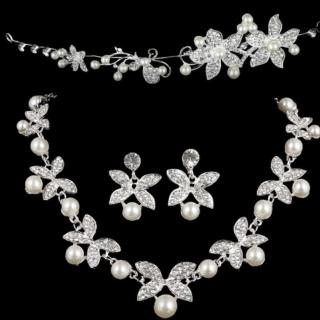 【Jpqueen】新娘造型珍珠水鑽蝴蝶頭飾項鍊耳環三件套組(2色可選)