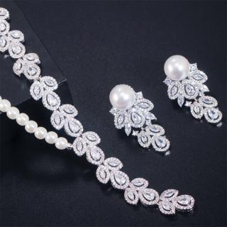 【Jpqueen】復古半珍珠水鑽高貴婚宴耳環項鍊組(白色)