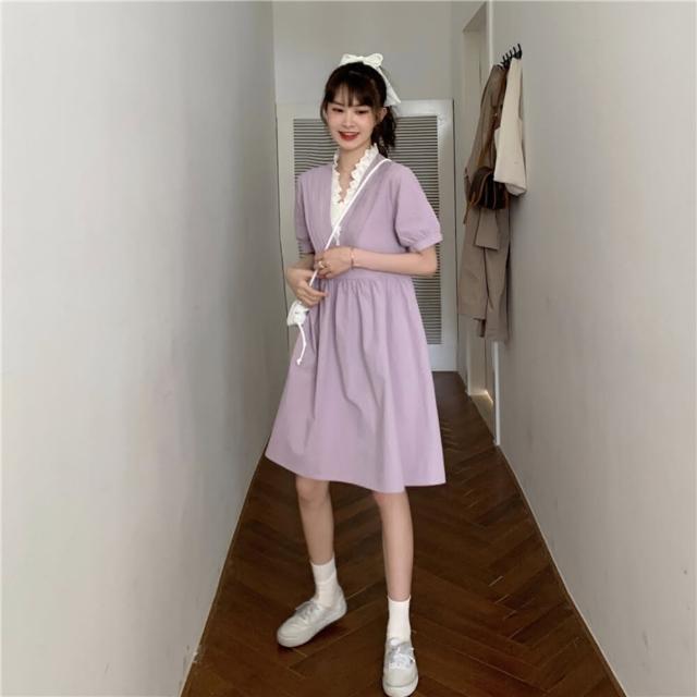 【BBHONEY】法式複古收腰顯瘦氣質v領紫色連衣裙(網美必備款)