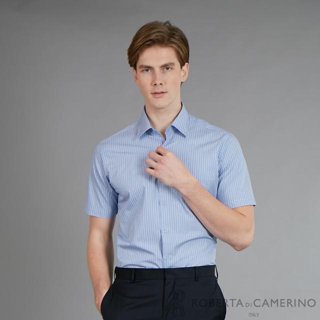 【ROBERTA 諾貝達】台灣製 進口素材 時尚合身年輕剪裁短袖襯衫(藍色)