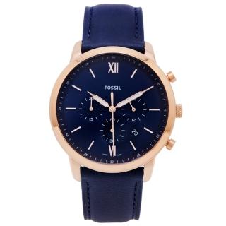 【FOSSIL】文青款風格三眼計時皮帶手錶-藍色面X藍色/44mm(FS5454)