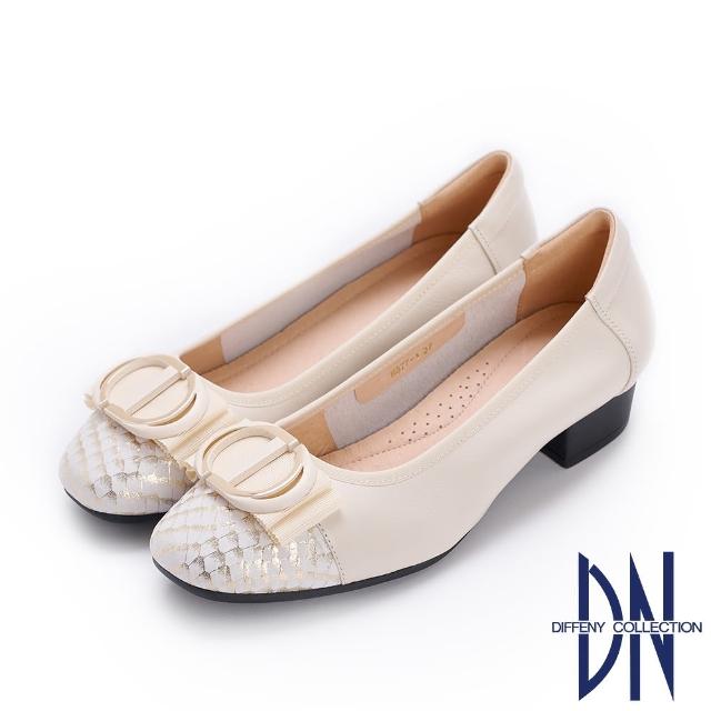 【DN】跟鞋_真皮拼接異材質飾釦低跟鞋(米)