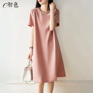 【初色】圓領燙鑽雪紡連身裙洋裝-共2色-98761(M-XL可選)