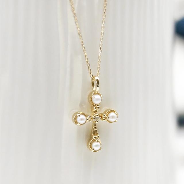 【Dinner collection】4珍珠小鑽十字架K金項鍊
