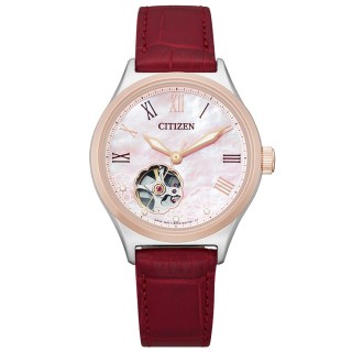 【CITIZEN 星辰】花朵綻放晶鑽機械腕錶-皮帶-紅(PC1008-11Y)