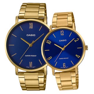 【CASIO 卡西歐】指針對錶 不鏽鋼錶帶 生活防水 礦物玻璃 藍面(MTP-VT01G-2B+LTP-VT01G-2B)