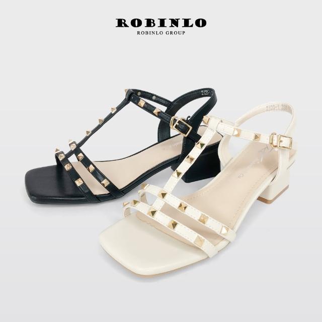 【Robinlo】時尚酷勁雙帶鉚釘涼鞋NOKIA(米白/黑色)