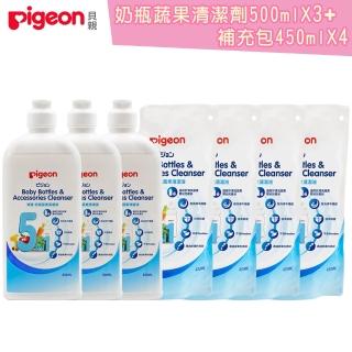 【Pigeon 貝親】奶瓶蔬果清潔組合500ml瓶*3+450ml補充包*4(蔬果奶瓶清洗)