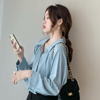 【Sanae】隨性寬鬆設計雪紡長袖襯衫(藍)