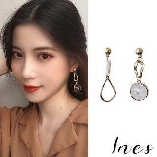 【INES】韓國設計S925銀針不對稱幾何磨砂金屬貝殼亮片復古耳環