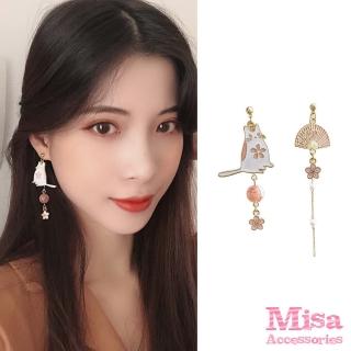 【MISA】韓國設計S925銀針可愛和風貓咪扇子不對稱耳環