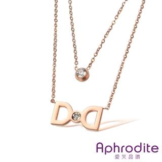 【Aphrodite 愛芙晶鑽】雙D玫瑰金鑲嵌水晶鋯石蝴蝶結造型鈦鋼項鍊