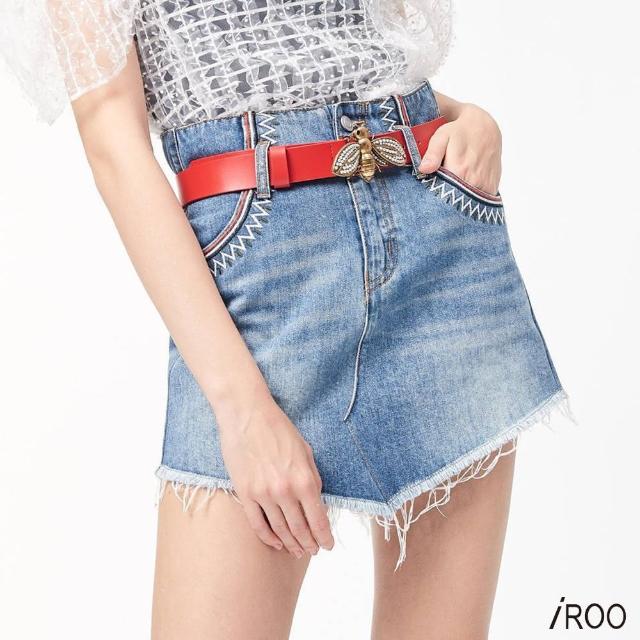 【iROO】配色縫線牛仔短裙