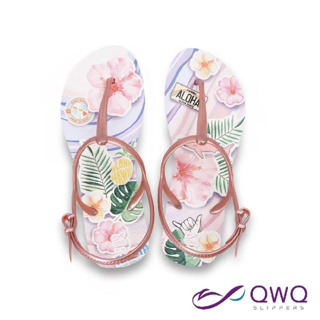 【QWQ】繪圖綁帶T字涼鞋-腳型修長款休閒涼鞋-Flora拼貼夏威夷-粉金 MIT(GABC00510)