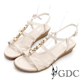【GDC】真皮幻彩寶石水鑽編織羅馬風楔型涼鞋-米色(113401-10)