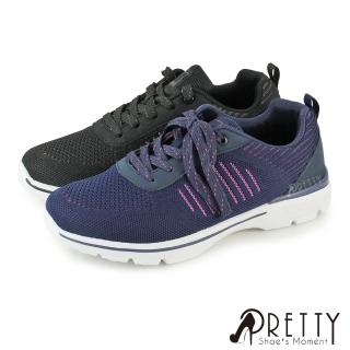 【Pretty】女款雙色飛織布線條感綁帶輕量休閒鞋/運動鞋(藍色、黑色)
