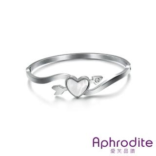 【Aphrodite 愛芙晶鑽】天然珠貝愛心邱比特之箭造型鈦鋼手環(白金色)