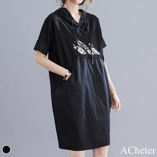 【ACheter】韓版舒適時尚連帽寬鬆棉麻洋裝#109168現貨+預購(黑色)