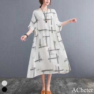 【ACheter】秋季大碼寬鬆棉麻雙口袋印花顯瘦洋裝#110365現貨+預購(2色)