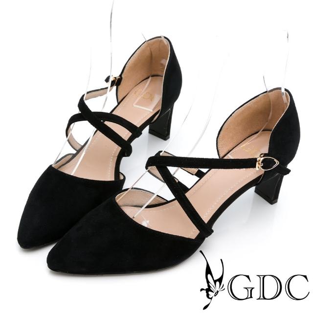 【GDC】優雅lady交叉真皮中空尖頭中跟包鞋-黑色(111975-00)