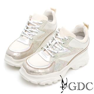 【GDC】繽紛真皮運動風綁帶金屬感厚底休閒鞋-卡其色(114600-14)