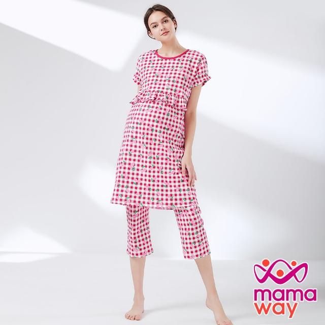 【mamaway 媽媽餵】格紋櫻桃荷葉孕哺居家服組 洋裝+長褲(買一套 送一套)