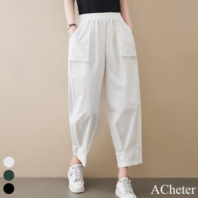 【ACheter】純色休閒口袋九分棉麻燈籠褲#110043現貨+預購(3色)