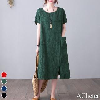 【ACheter】復古大碼緹花長版短袖洋裝棉麻寬鬆洋裝#109124(4色)