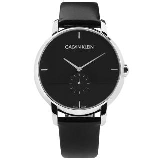 【Calvin Klein 凱文克萊】都會時尚 獨立小秒針 礦石強化玻璃 皮革手錶 黑x銀框 43mm(K9H2X1C1)