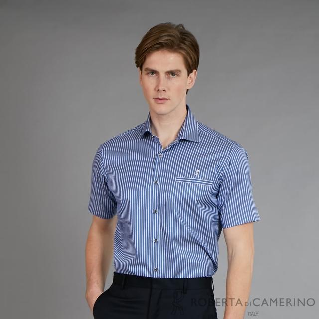【ROBERTA 諾貝達】台灣製 進口素材 夏日型男 魅力休閒條紋短袖襯衫(藍色)