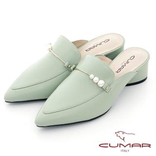 【CUMAR】簡約尖頭珍珠飾釦半包粗跟穆勒鞋(綠色)