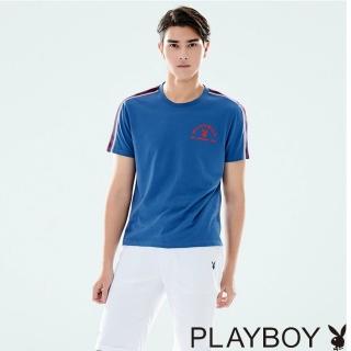 【PLAYBOY】肩袖配色織帶T恤(藍色)