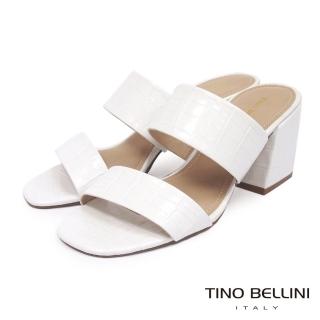 【TINO BELLINI 貝里尼】巴西進口都會簡潔牛皮壓紋粗跟涼拖鞋FST0003(白)