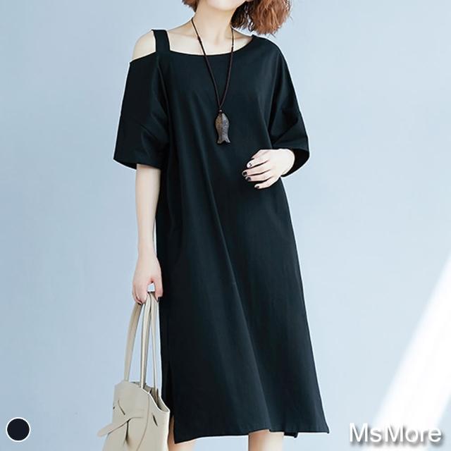 【MsMore】大碼女裝一字領露肩寬鬆休閒棉T洋裝#109249現貨+預購(黑色)